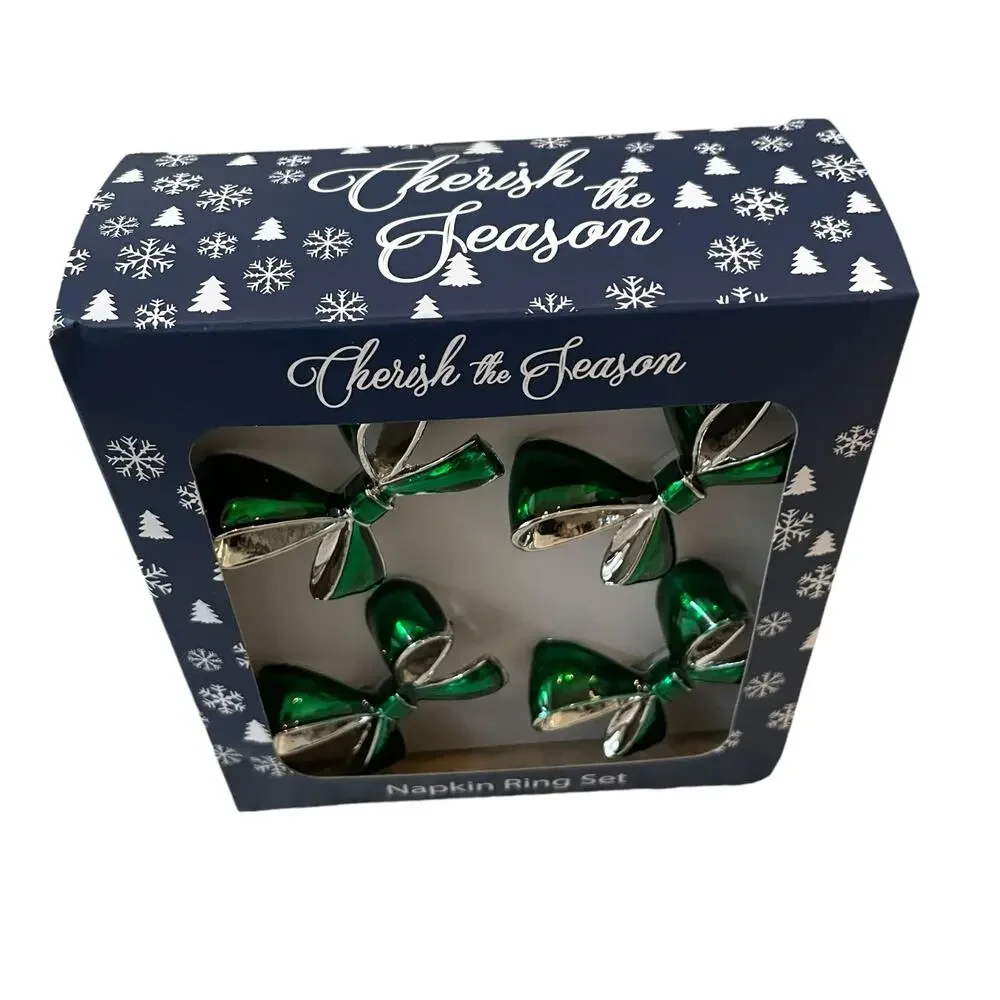 Green Bow Christmas Napkin Rings Set of 4 Silver Holiday Glam Cherish the Season
